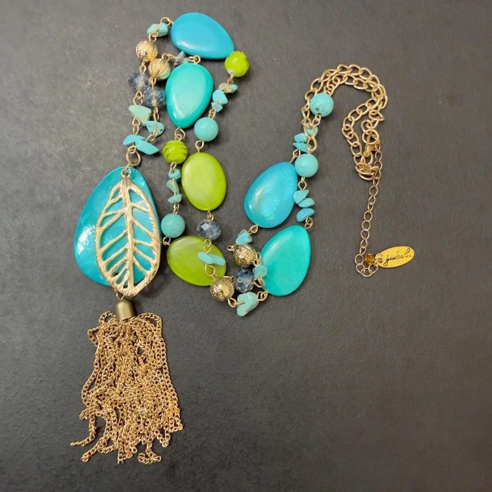 Jules B Boho Tassel Necklace Turquoise Leaf Pendant Gold Tone Beaded Statement